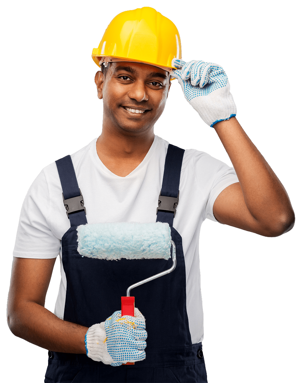 Man wearing a yellow helmet and a painting roller