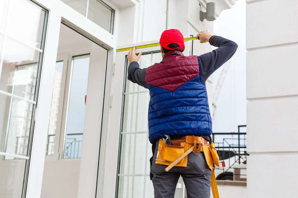 A worker installs panels beige siding on the facade of the house