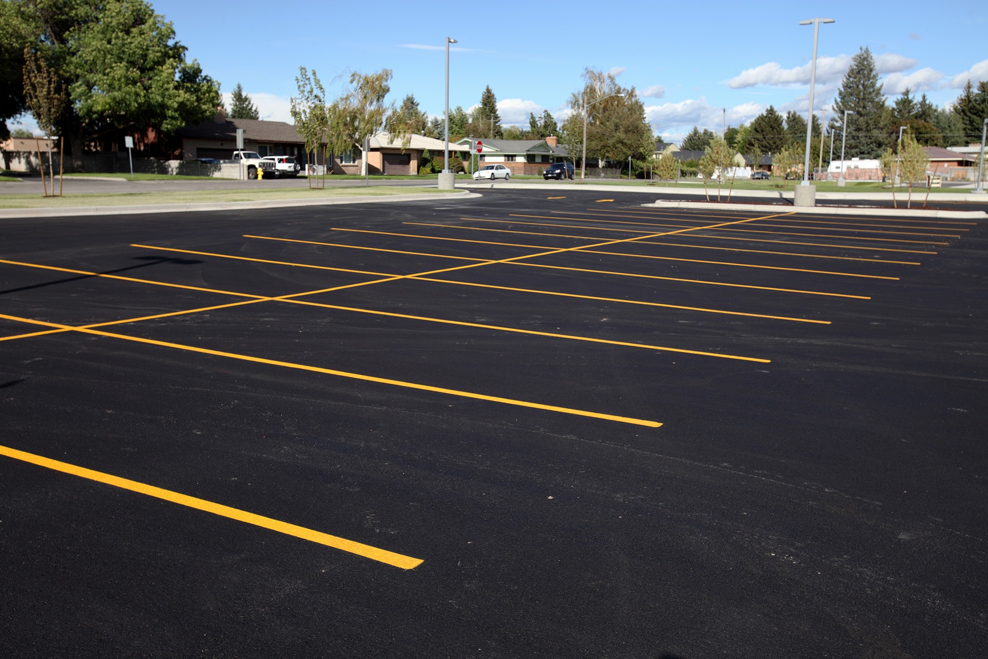 Empty parking lot with newly painted yellow lines on a smooth black surface, surrounded by trees and buildings, indicating ample parking space.